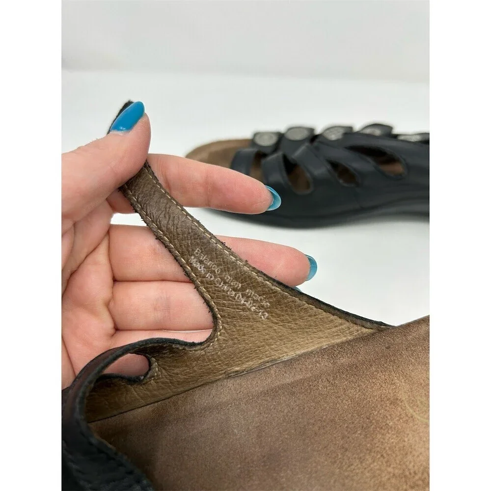 Dansko Black Leather Strappy Silver Medallions Slide Sandals Comfort Cork 41
